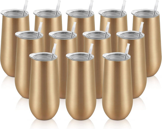 Lifecapido 12 Pack Stemless Champagne Tumblers, 12oz Insulated Stainless Steel Flute Glass for Birthday Party Wedding Christmas (Gold)