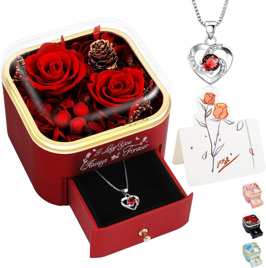 Preserved Roses Jewelry Box with Heart Necklace - Eternal Rose & ‘I Love You Always & Forever’ Engraving - Luxury Gift for Mom, Wife, or Grandma on Mother’s Day