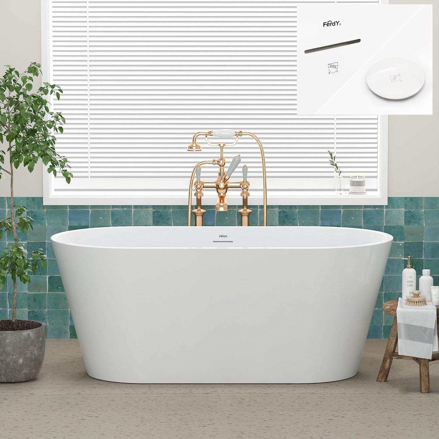 FerdY 59" Shangri-La Elite, Acrylic Freestanding Bathtub, Modern & Contemporary Design Soaking Tub with Polished White Pop-Up Drain and Minimalist Design Overflow, Glossy White, cUPC Certified