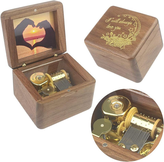 Sinzyo Natural Wooden Music Box with Customizable Photos Wind Up Musical Box Gifts for Christmas,Birthday and Valentine's Day(Character Walnut, Tone:I Will Always Love You)