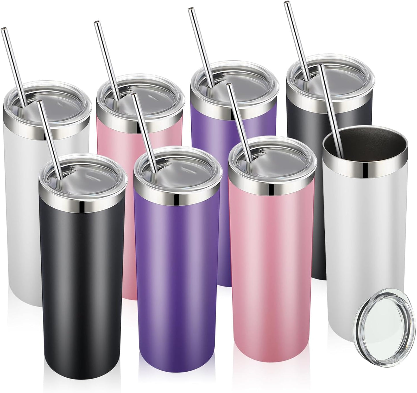 Skinny Tumblers Bulk 20 oz Stainless Steel with Lids and Straws Blank Slim Insulated Cup Double Layer Water Cups for Travel, DIY(Purple, White, Black, Pink,8 Pcs)