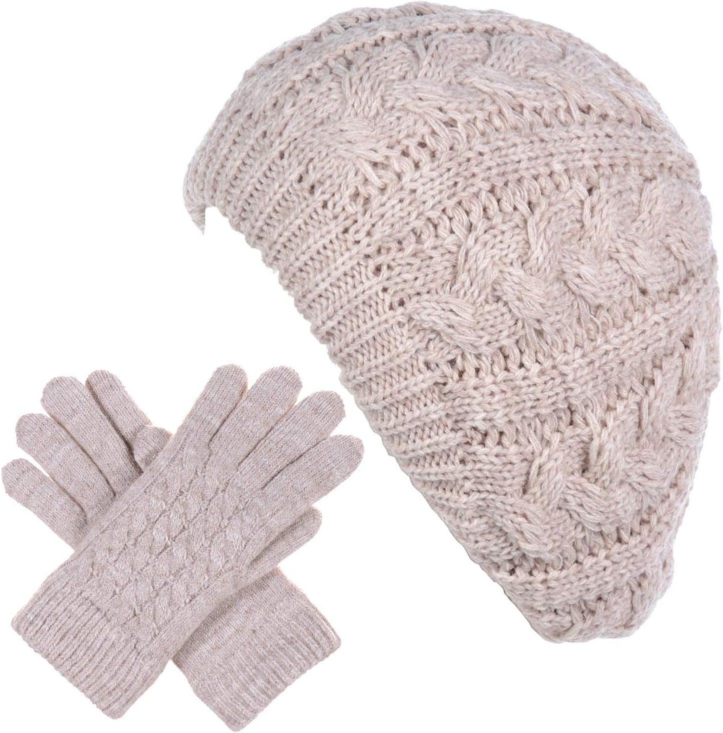 BYOS Womens Winter Cozy Cable Fleece Lined Knit Beret Beanie Hat (Set Available)