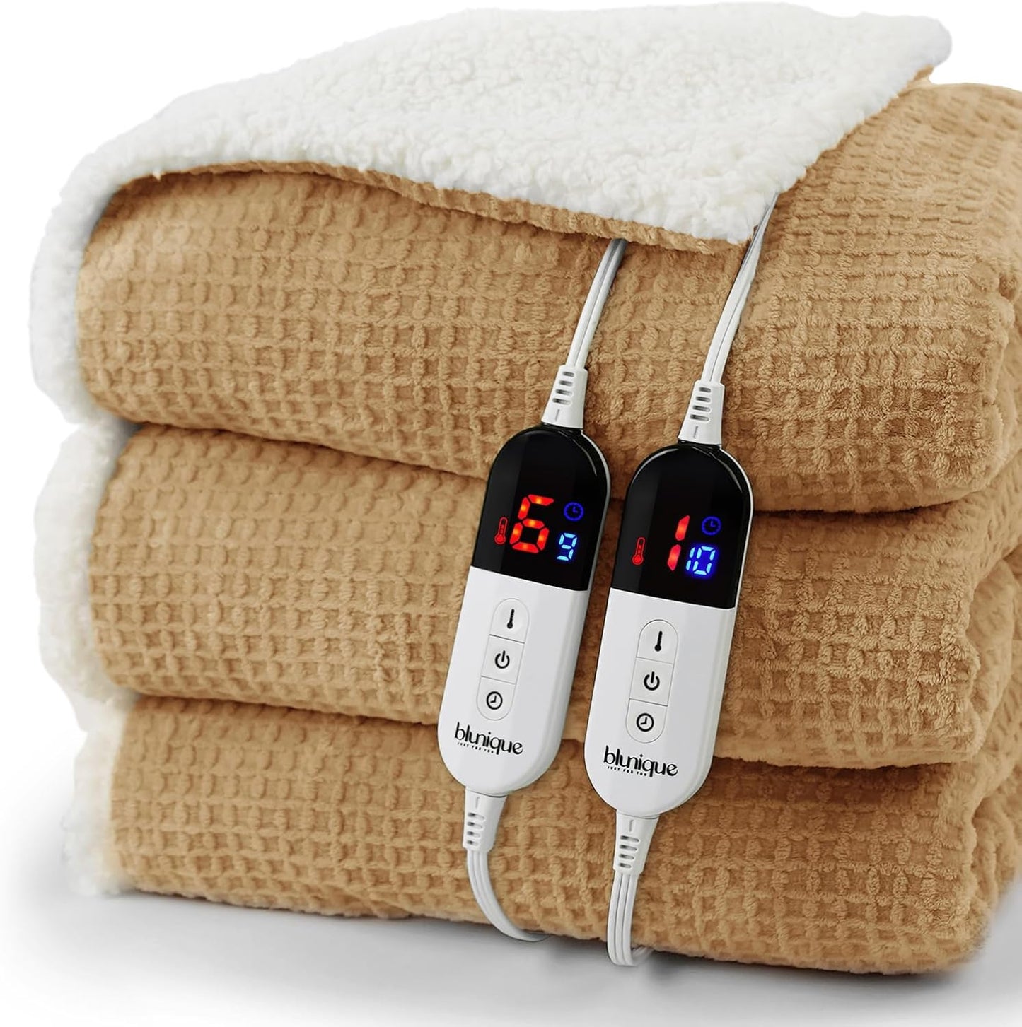 Heated Blanket Electric Blanket King Waffle, 90x100 Inches Dual Controllers Sherpa Fleece Fast Heating Blanket 6 Heating Levels & 10 Hours Auto Off ETL Certification, Apricot Orange King