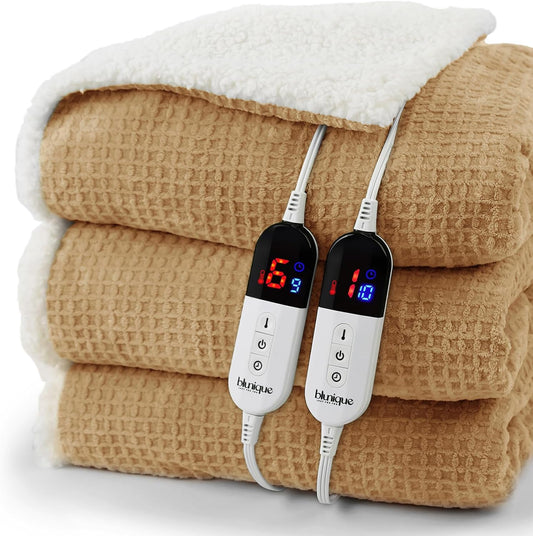 Heated Blanket Electric Blanket King Waffle, 90x100 Inches Dual Controllers Sherpa Fleece Fast Heating Blanket 6 Heating Levels & 10 Hours Auto Off ETL Certification, Apricot Orange King