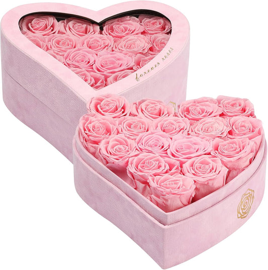 16 Forever Flowers in Heart Shaped Box - Preserved Roses Romantic Gifts for Her, Valentine’s Day, Anniversary, Wedding (Pink)