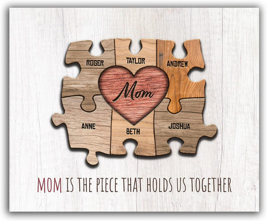 Personal-Prints MOM & Children Personalized HEART Puzzle Wall Art | Unique Customized with up to 8 Names | Mother’s Day, Birthday or Christmas Gift (11"x14" Stretched Canvas, 6 Children)
