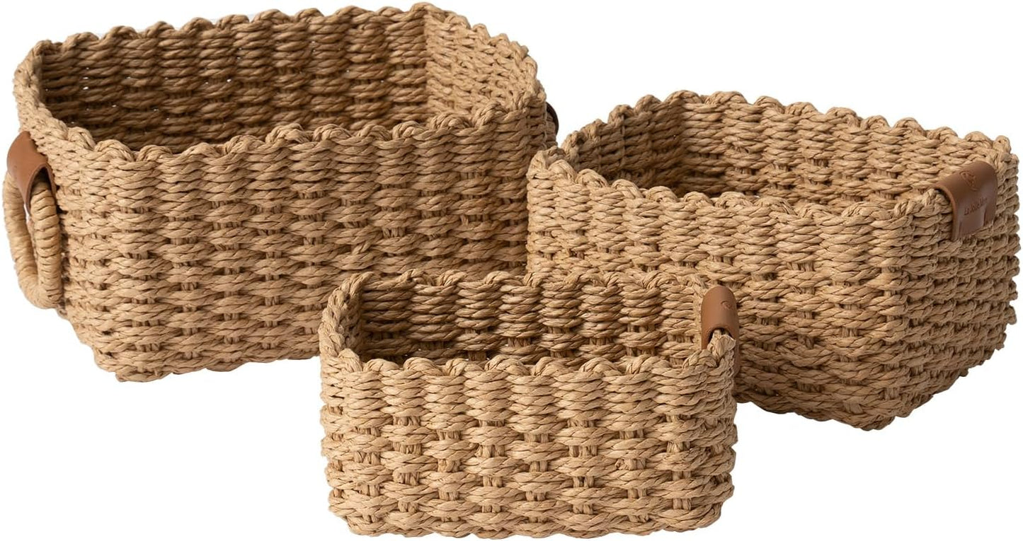 La Jolie Maison Small Sand Wicker Baskets Set of 3, Paper Rope Storage Baskets with Handle, Small Woven Baskets for Organizing, Decorative Cute Baskets for Gifts