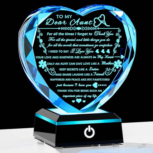 Aunt Gifts with Colorful LED Base Meaningful Crystal Heart Aunt Birthday Gifts from Niece Nephew Unique Presents for Auntie Christmas Mother's Day Valentine Day Thanksgiving