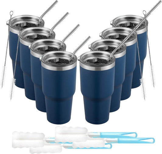 COMOOO 30oz Tumbler Stainless Steel Insulated Tumbler with Lid Double Wall Vacuum Coffee Cup Large Travel Mug for Home, Office, School,Party (Navy, 8 Pack)