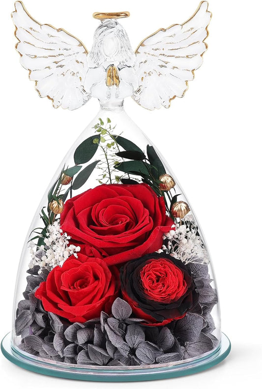 FIACO Gifts for Women Preserved Rose Forever Flower in Glass Angel Figurine Fresh Flowers for Delivery Prime Mothers Day Birthday Gifts for Mom Grandma Wife Sister Red