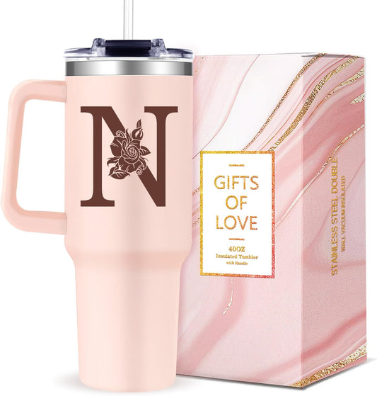 Monogrammed 40oz Tumbler with Handle for Women, Personalized Birthday Gifts for Women,Initial Cups for Woman Pink Letter N,Customized Gifts for Female Lady Gift for Mothers Day Christmas