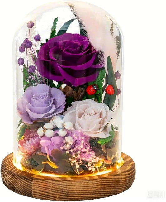 Forever Flowers with Symbolic Ladybugs: Preserved Flowers Gift for Women-Romantic Table Centerpiece-Valentines, Anniversary, Mothers Gifts for Her-Flowers for Delivery Prime (Purple)