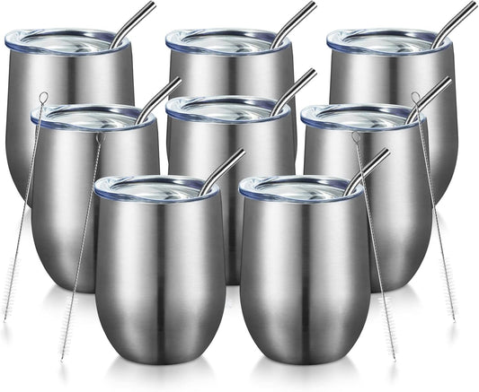 COMOOO 12oz Insulated Wine tumbler with Lid, Stainless Steel Stemless Wine Tumbler Glass,Double Wall Vacuum Wine Tumbler Cups with Straw Coffee, Cocktails,Beer,Champaign Silver, 8 Pack