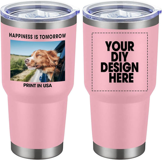 Personalized Custom Tumbler Print in USA 30oz Stainless Steel Coffee Cup with Lid & Straw Double Wall Insulated Tumbler with Colorful Text Logo Photo