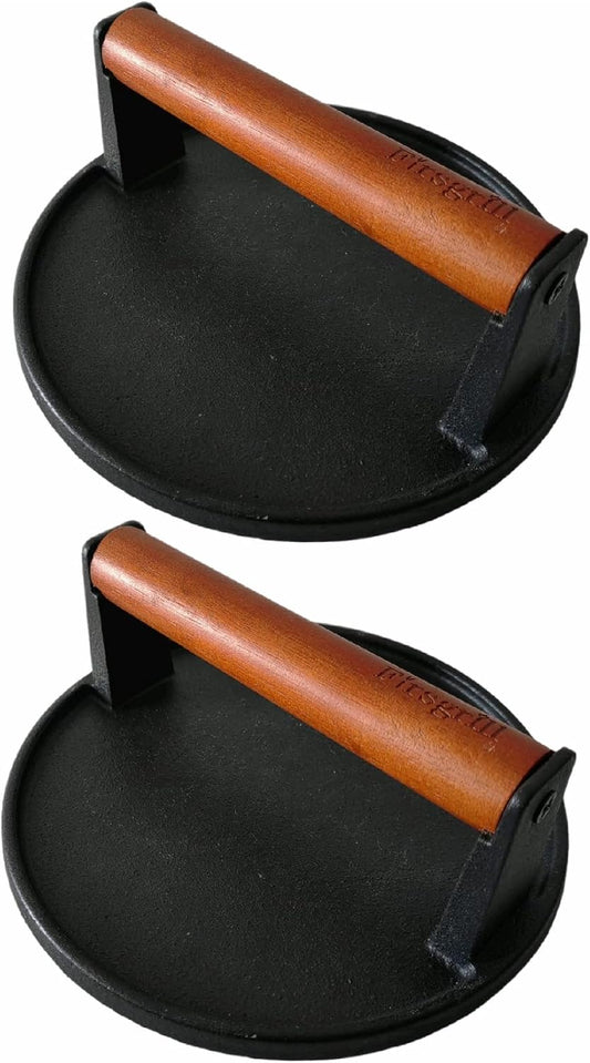 2-Pack Burger Press 7.08" Round,Heavy-Duty Cast Iron Smash Burger Press Meat Steak with Wood Handle for Blackstone Camp Chef Pitboss Weber Griddle Grills (2 Round)
