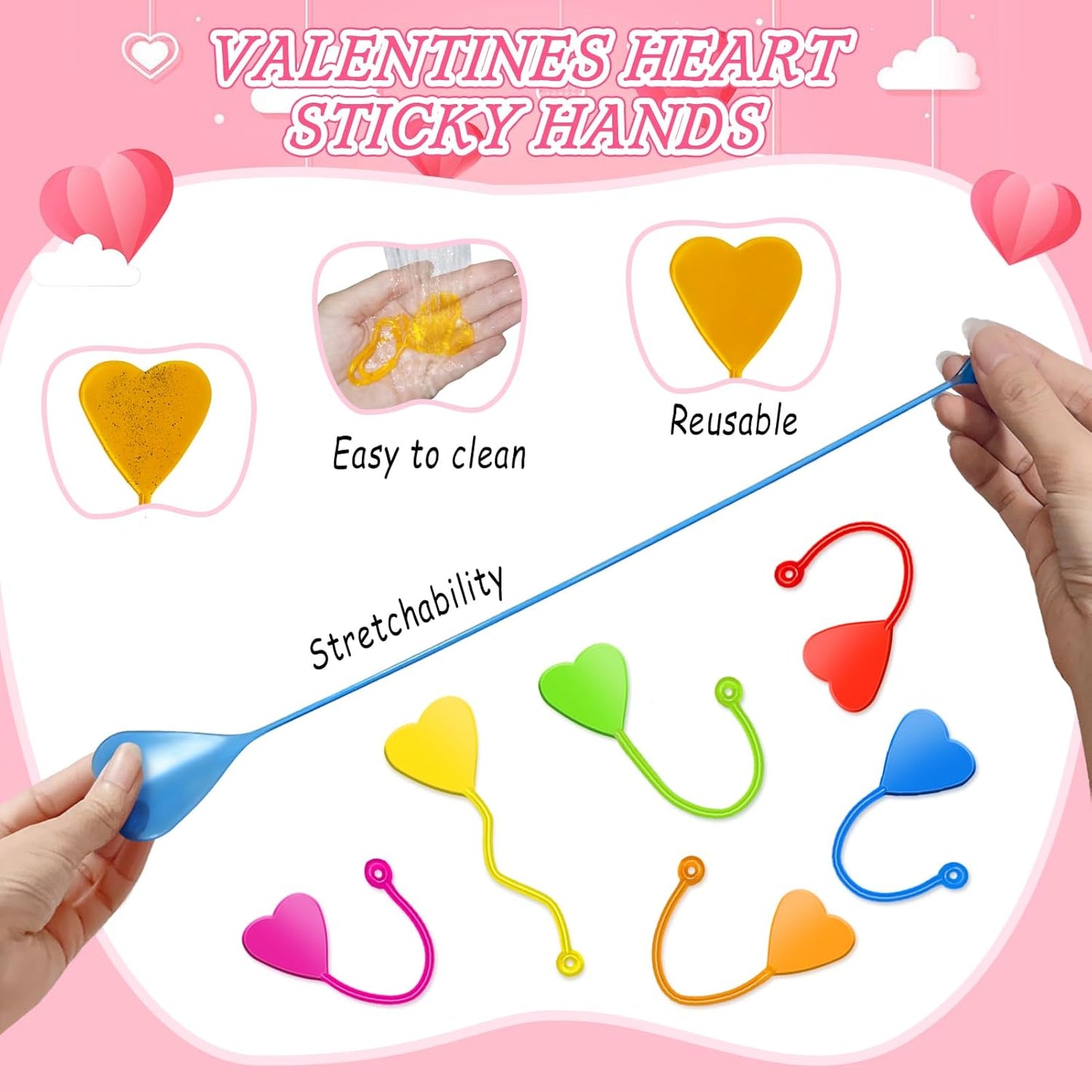 Valentines Sticky Hands Bulk 48PCS Valentines Day Gifts for Kids Classroom Prizes Valentines Party Favors for Kids Stretchy Heart Sticky Hand Toy Valentines Day Goodie Bag Stuffers Kid Party Supplies