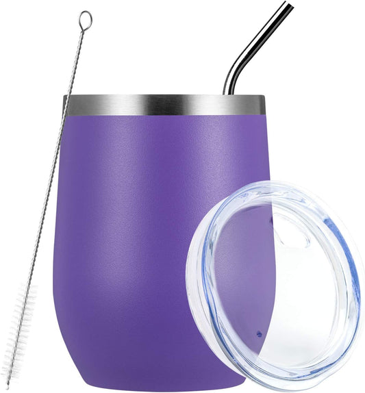 MEWAY Stemless 12oz Wine Tumbler Glasses with Lid -Insulated Double Wall Vacuum Stainless Steel Travel Tumbler with Straw,for Woman Under 10 dollars (Purple,1)