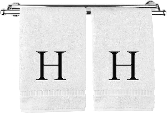Monogrammed Hand Towel, Personalized Gift, Set of 2- Black Block Letter Embroidered Towel - Extra Absorbent 100% Turkish Cotton - Soft Terry Finish - Initial H White