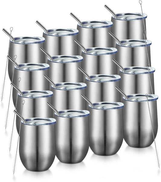 COMOOO 16 Pack 12oz Insulated Wine tumbler with Lid, Stainless Steel Stemless Wine Tumbler,Double Wall Vacuum Wine Tumbler Cups with Straw for Coffee, Cocktails,Beer,Champaign, Silver