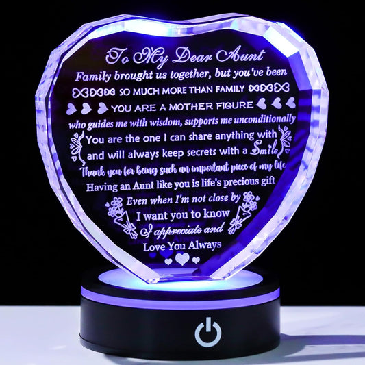 YWHL Aunt Birthday Gifts for Women with Colorful LED Base Unique Heart Gifts for Aunt from Niece Nephew Best Auntie Gift Ideas on Mothers Day Thanksgiving