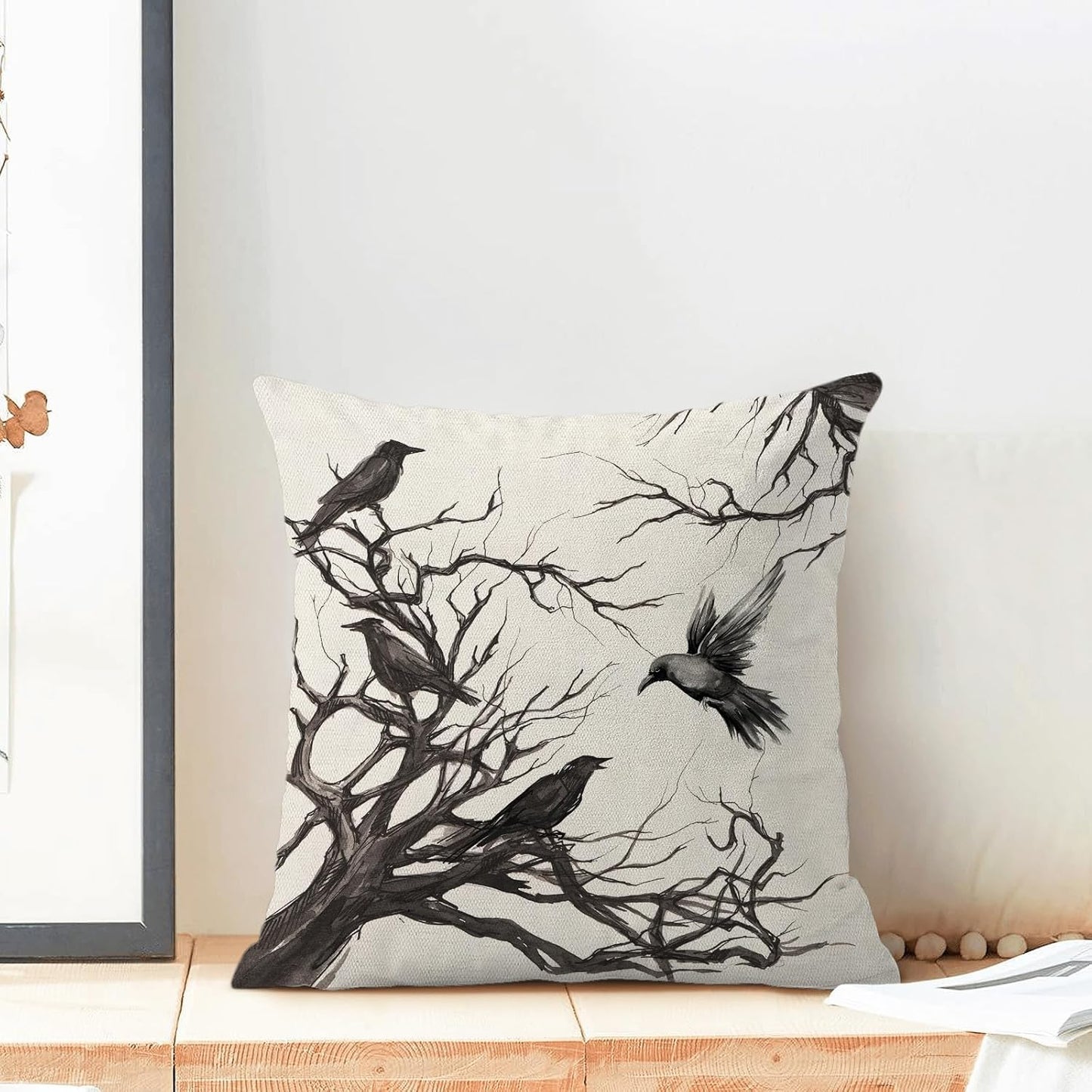 Halloween Pillow Covers 16x16 Inch Set of 2 Black Crows Branch Decorative Farmhouse Throw Pillow Covers Outdoor Halloween Decor Linen Cushion Case for Couch Home Sofa Decorations
