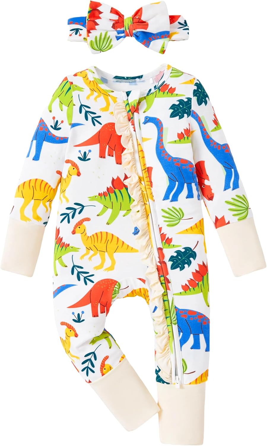 PATPAT Baby Footie Girls - Supersoft Bamboo Viscose - Unisex Infant Clothes - 2 Way Zipper & Mitten & Ruffle Trim & Headband