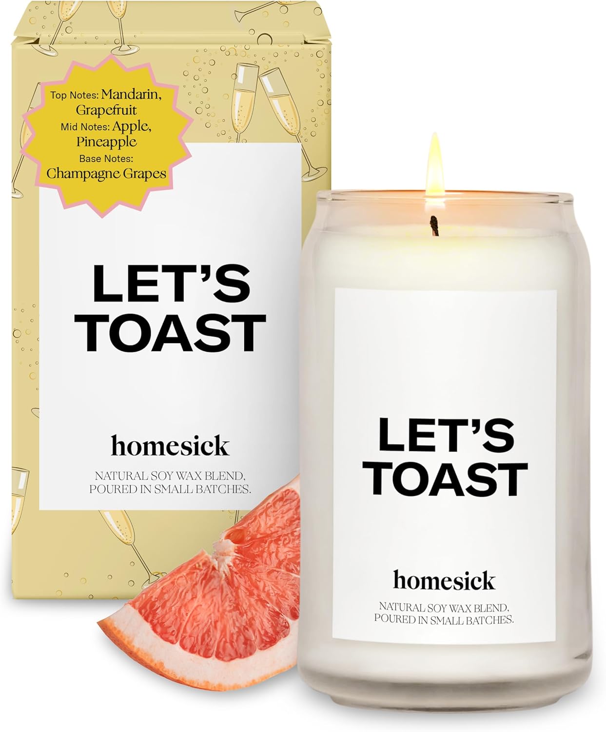 Homesick Scented Candles for Home (Let's Toast) - 13.75 oz Long-Lasting Soy Wax Blend Jar Candle Gifts for Women & Men for All Occasions, 60-80 Hours Burn Time - Notes of Mandarin & Grapefruit