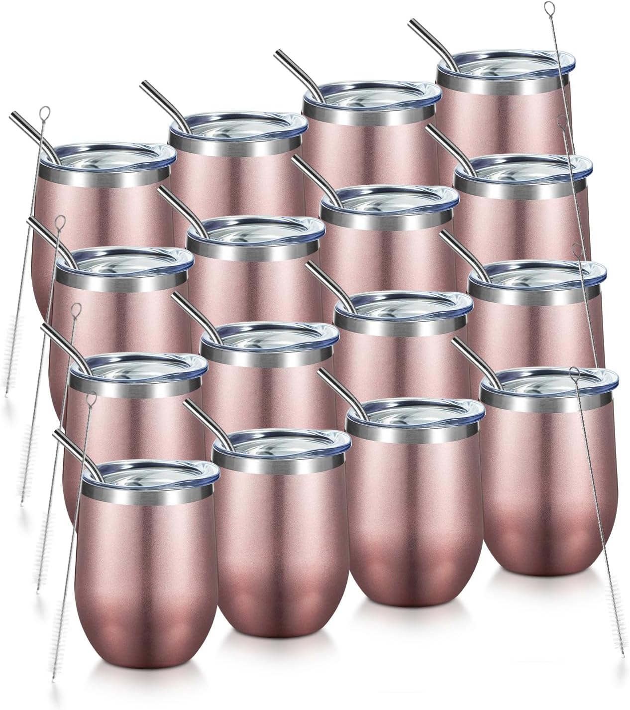 COMOOO Rose Gold Stainless Steel Wine Tumbler Bulk with Lid and Straw 12oz Double Wall Vacuum Insulated Travel Tumbler Cup for Coffee Wine Cocktails Ice Cream Cup Rose Gold, 16 pack