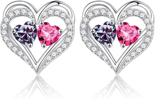Iefil Birthstone Earrings for Women - 925 Sterling Silver Heart Earrings Anniversary Birthday Gifts for Women Wife Girlfriend Mom