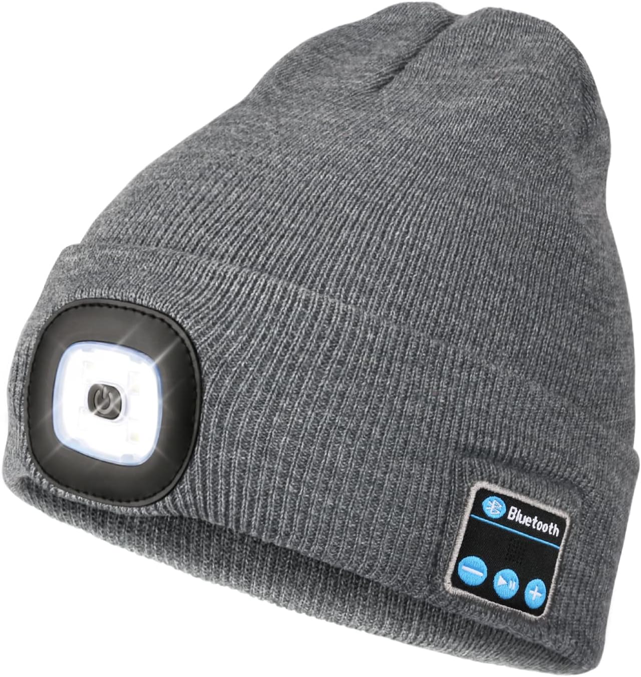 Wmcaps Bluetooth Beanie with a Light, Unisex USB Rechargeable 4 LED Fashlight Hat with Cordless Headphones, Unique Christmas Birthday Gifts for Men Him Husband Teen Grey