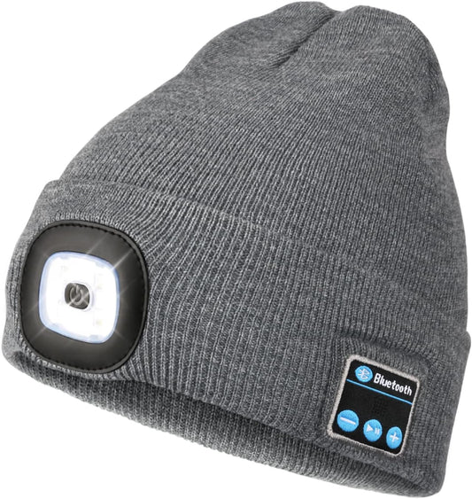 Wmcaps Bluetooth Beanie with a Light, Unisex USB Rechargeable 4 LED Fashlight Hat with Cordless Headphones, Unique Christmas Birthday Gifts for Men Him Husband Teen Grey