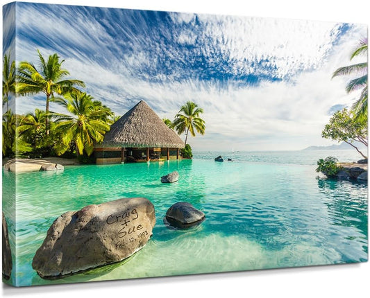 IPIC - "Tropical Memories Personalized Canvas Wall Art, Custom Beach Canvas Print with Name and Date on Rock, A Personalized Gift for Couple, Wedding, or Anniversary, Coastal Home Decor