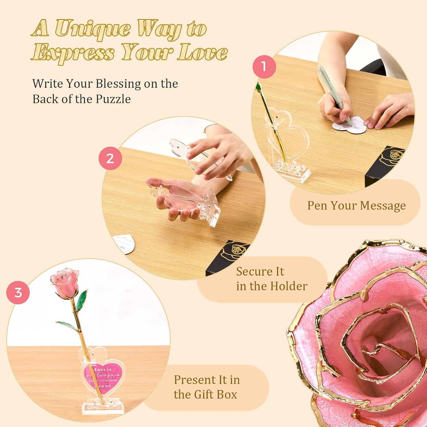 Mikasol Real 24K Gold Dipped Realistic Rose – Timeless Lifelike Bloom with Heart Puzzle Base – Romantic Pink Flower Gift for Her, Wife, Girlfriend, Mom – Birthday, Anniversary, Mother’s Day (Pink)