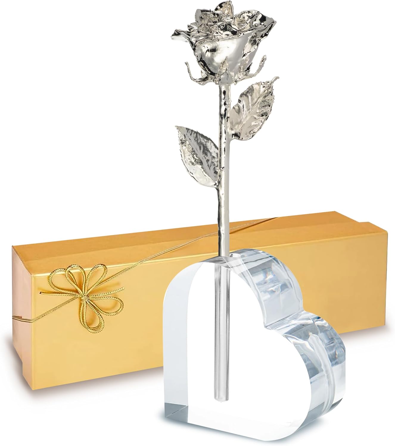 Forever Rose Real Rose Dipped in Silver, Handcrafted Preserved Rose in Acrylic Heart Vase and Luxury Gold Gift Box, Romantic Gift for Her, Elegant Keepsake for Any Occasion