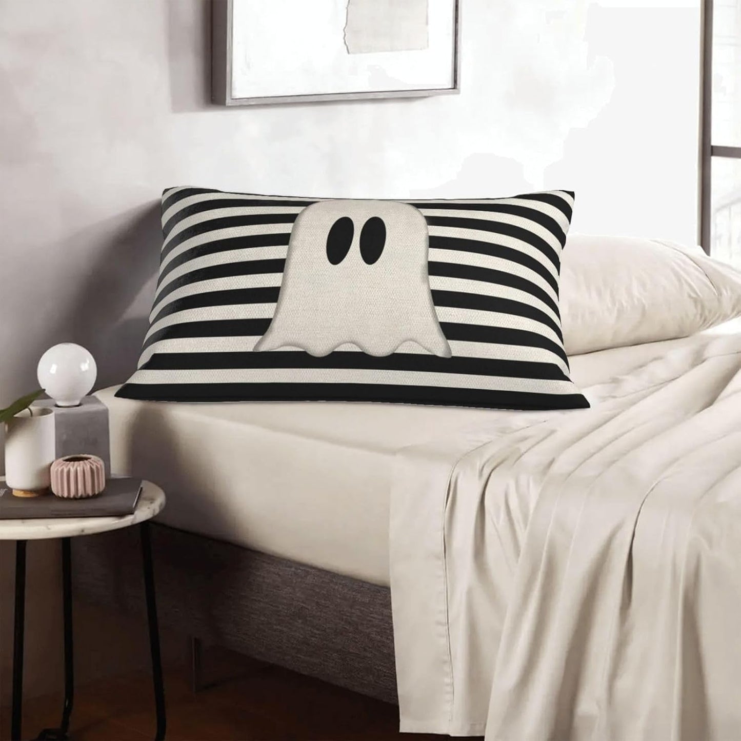 Halloween Decor Pillow Covers 12x20 Set of 2 Black Stripe Cute Ghost Throw Pillow Covers Halloween Decorative Pillow Covers for Halloween Decoration Linen Cushion Case for Couch Sofa Outdoor