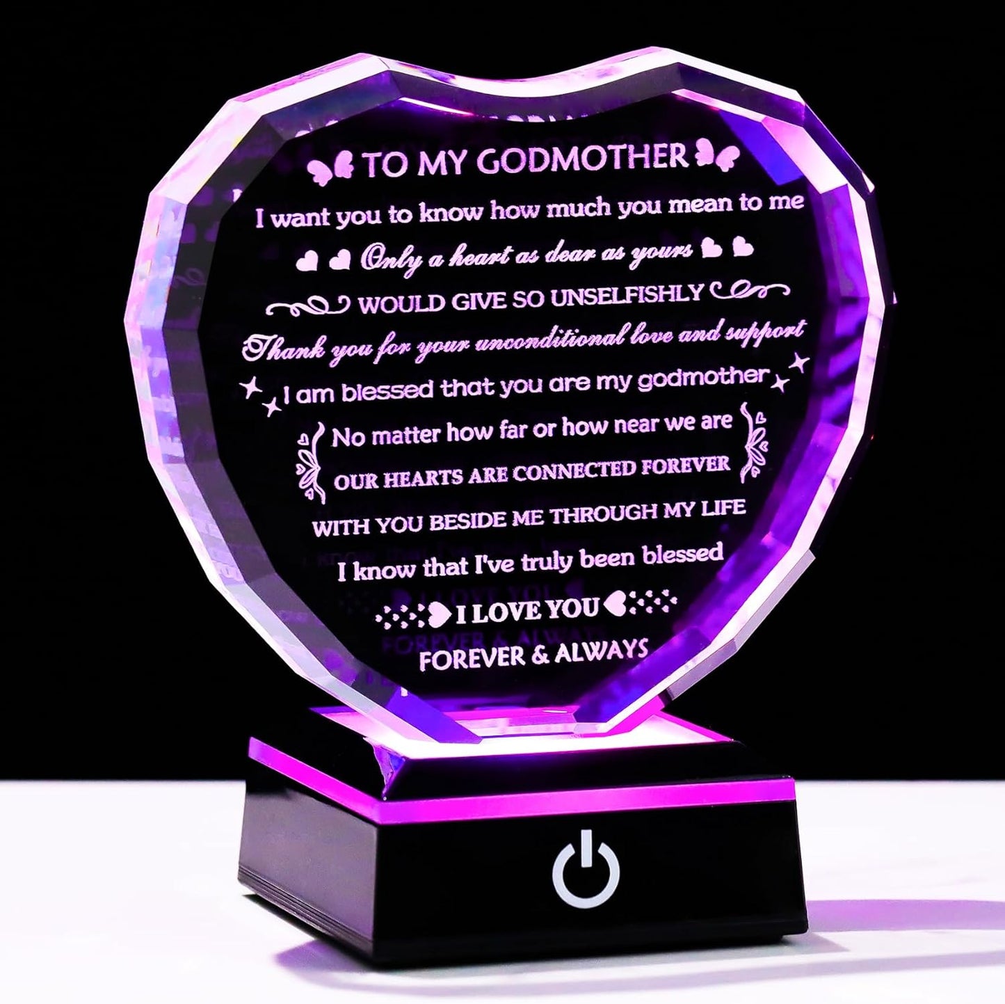 Godmother Gifts from Godchild with Colorful Light Base, Birthday Gift for Godmother Crystal Heart Keepsake, To My Godmothers Gifts from Goddaughter Godson on Mothers Day Christmas