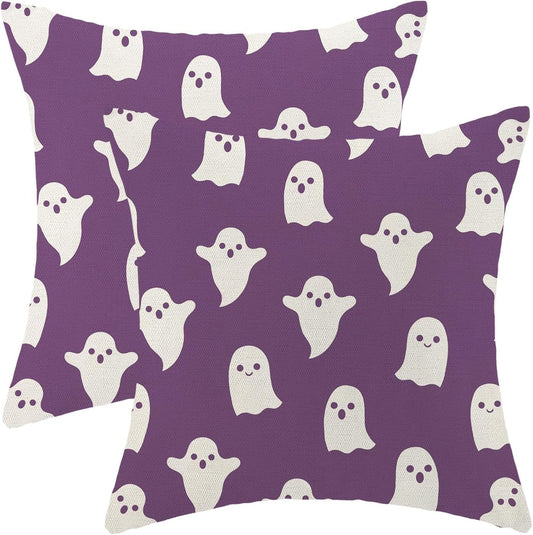 Halloween Decor Pillow Covers 18x18 Set of 2 Purple Cute Ghost Throw Pillow Covers Halloween Decoration Pillow Covers for Halloween Home Decorative Linen Cushion Case for Home Couch Sofa