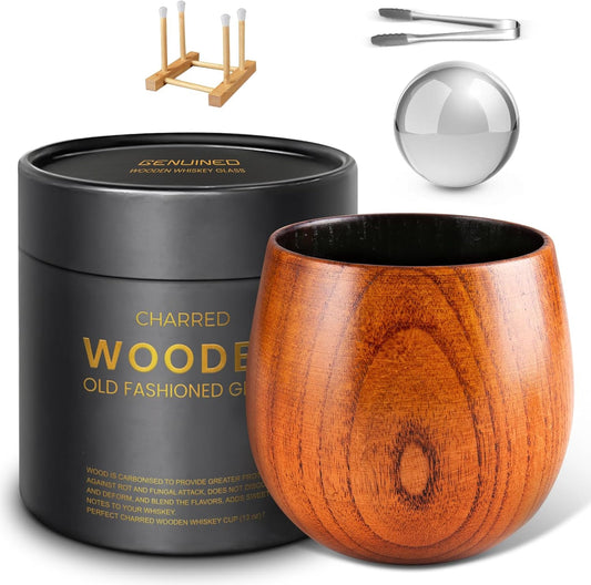 Enlarged Charred Wooden Bourbon Drinking Glass, Smoky Wood Whiskey Glasses, Bourbon Gifts for Men, Anniversary Birthday Gifts(1 Pack)