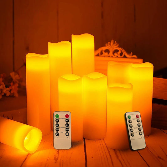 NICEME Waterproof Outdoor Flameless Candles with Remote Control and Timers Ivory LED Plastic Candles Battery Operated Flickering Pillar Candles for Outdoor Lanterns Patio Porch Long Lasting Set of 9