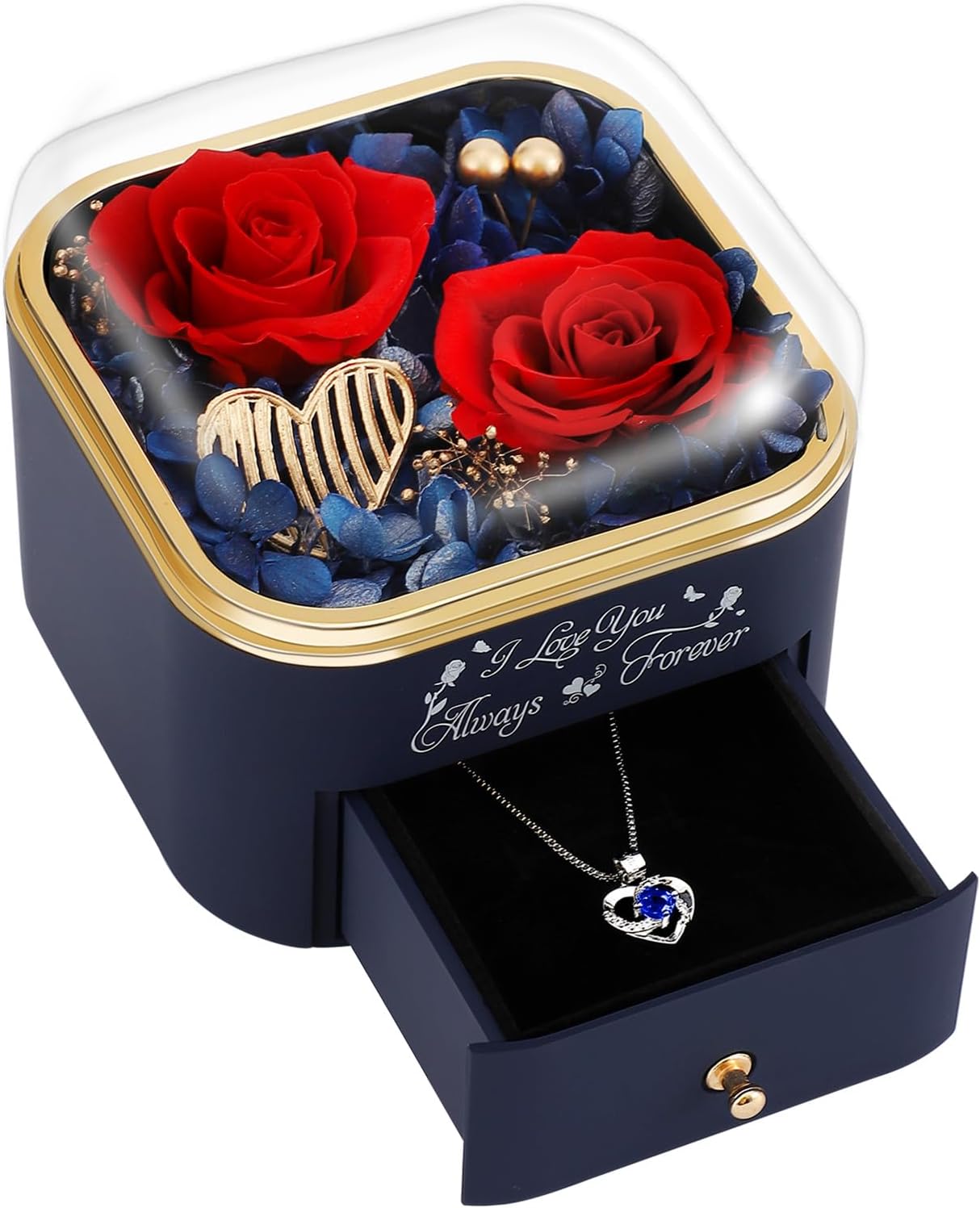 Preserved Roses Jewelry Box with Heart Necklace - Eternal Rose & ‘I Love You Always & Forever’ Engraving - Luxury Gift for Mom, Wife, or Grandma on Mother’s Day