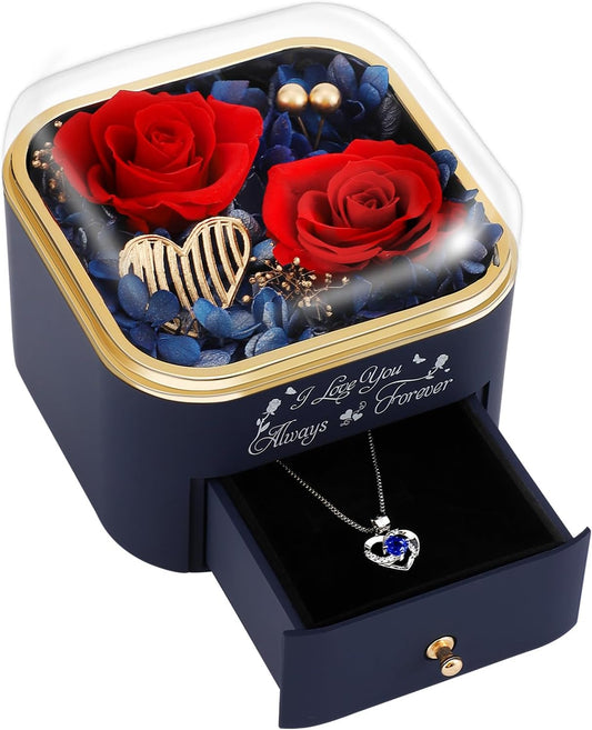 Preserved Roses Jewelry Box with Heart Necklace - Eternal Rose & ‘I Love You Always & Forever’ Engraving - Luxury Gift for Mom, Wife, or Grandma on Mother’s Day