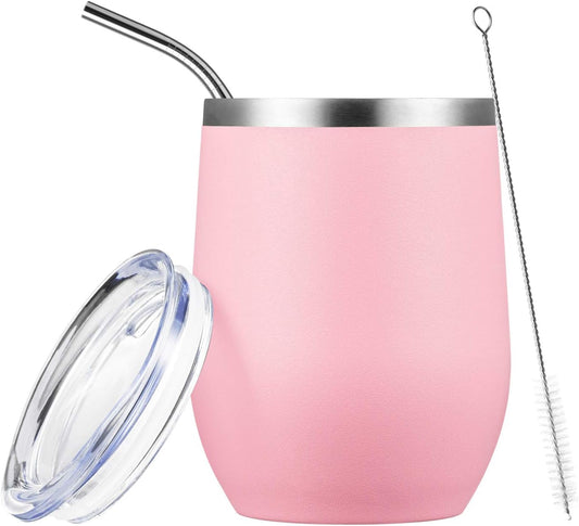 COMOOO Stainless Steel Wine Tumbler Glass with Lid and Straw 12oz Double Wall Vacuum Insulated Travel Tumbler Cup Stemless for Hot and Cold Drinks, Coffee, Wine, Cocktails, Pink, 1 Pack