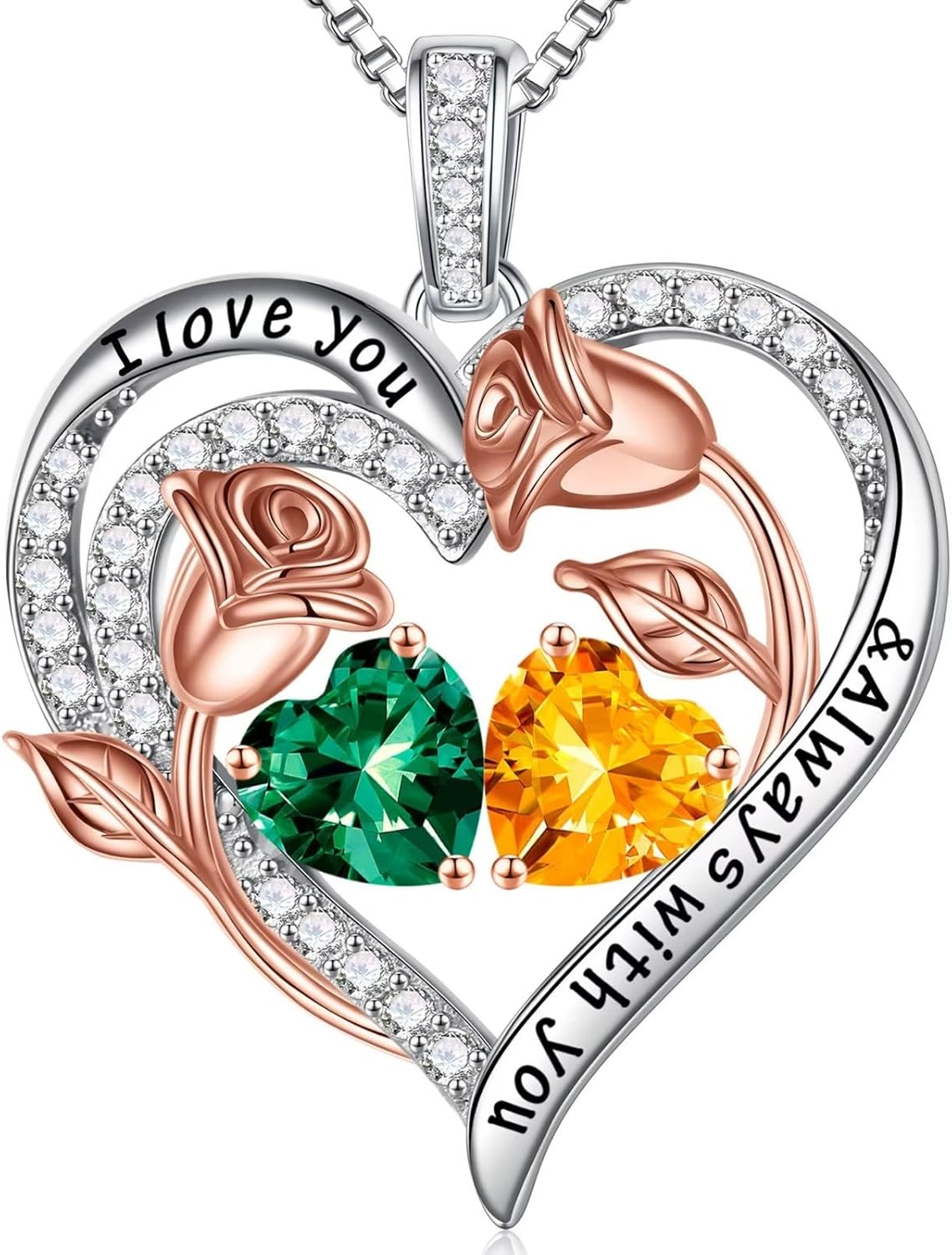 Iefil Birthstone Necklace for Women - 925 Sterling Silver Rose Heart Birthstone Necklace Birthday Anniversary Jewelry Gifts for Her Wife Mom Daughter