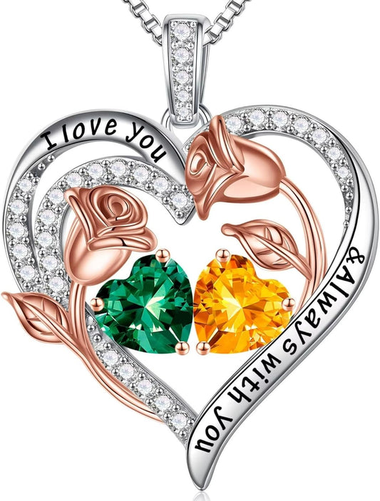 Iefil Birthstone Necklace for Women - 925 Sterling Silver Rose Heart Birthstone Necklace Birthday Anniversary Jewelry Gifts for Her Wife Mom Daughter