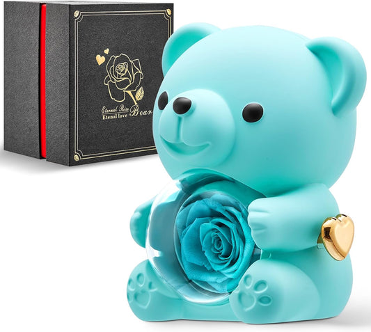 Mikasol Romantic Teddy Light Blue Bear with Preserved Rose - Real Rose in Elegant Black Gift Box for Anniversaries, Weddings, Bridal Showers, and Mother's Day