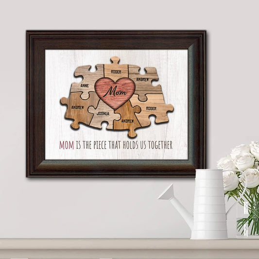 Personal-Prints MOM & Children Personalized HEART Puzzle Wall Art | Unique Customized with up to 8 Names | Mother’s Day, Birthday or Christmas Gift (13"x16" Framed Paper Print, 7 Children)