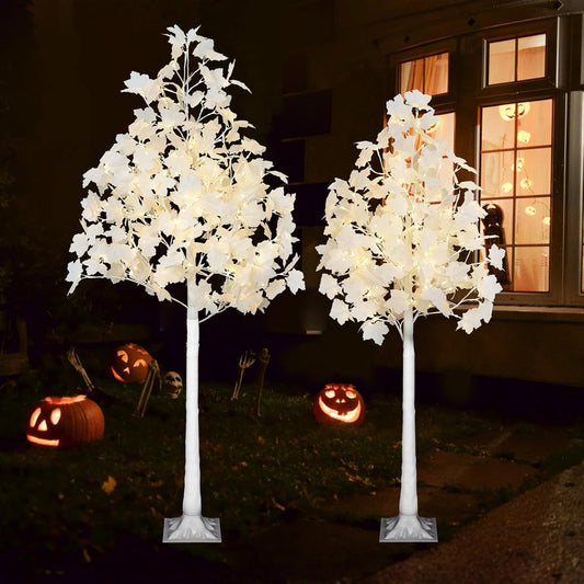 2PACK Artificial Lighted White Maple (5FT 96LED & 6FT 120LED) Fall Tree with Dual-Tone Lights (Cold & Warm White) Halloween, Thanksgiving, Autumn Harvest Outdoor Indoor Home Decor