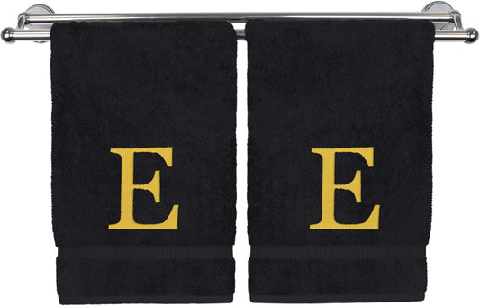 Monogrammed Hand Towel, Personalized Gift, Set of 2- Gold Block Letter Embroidered Towel - Extra Absorbent 100% Turkish Cotton - Soft Terry Finish - Initial E Black