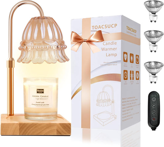 Candle Warmer Lamp with 3 Bulbs, Adjustable Height Dimmable Candle Warmer with Timer, Compatible with Large Jar Candles, Flower Candle Warmer with Charming Gift Box Ribbon(Light Yellow)