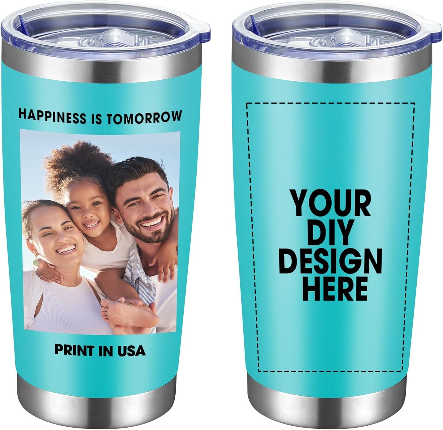 Personalized Custom Tumbler Print in USA 20oz Stainless Steel Coffee Cup with Lid & Straw Double Wall Insulated Tumbler with Colorful Text Logo Photo